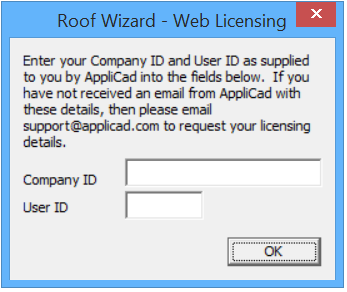 This image shows the web licensing message box in AppliCad Roof Wizard https://www.applicad.com